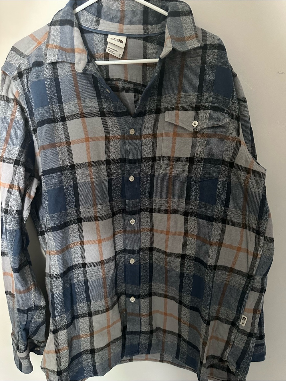The North Face Men’s Blue Gray Plaid Button-Down Shirt with Tan Accents